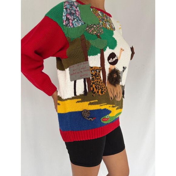 90s vintage Raquels embroidered textured 3D jungle animals hand knit sweater - Picture 5 of 10